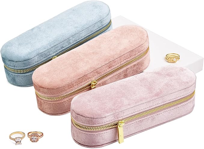 Velvet Ring Earrings Storage Box with 11 Slots, Ear Stud Holder, Zipper Closure Jewelry Organizer (Dusty Pink)