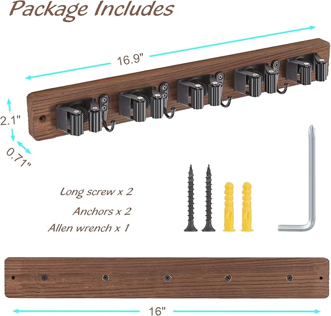 Mop and Broom Holder Wall Mount - Wood Broom Mop Hanger - Wall Mounted Garden Tool Rack Organizer for Closet Garage Laundry Room for Rustic Kitchen Decor With 5 Slots & 4 Hooks