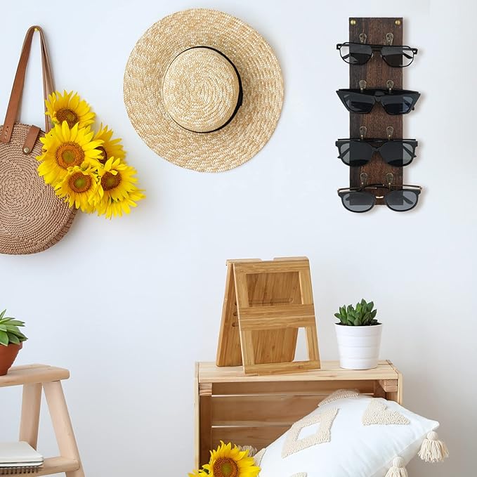 Moxweyeni Set of 2 Rustic Mounted Sunglasses Storage Organizer Wood Eyeglasses Holder Sunglass Rack Eyeglasses Display Rack with Metal Hooks Glasses Wall Decor Hanging Jewelry Organizers for Home