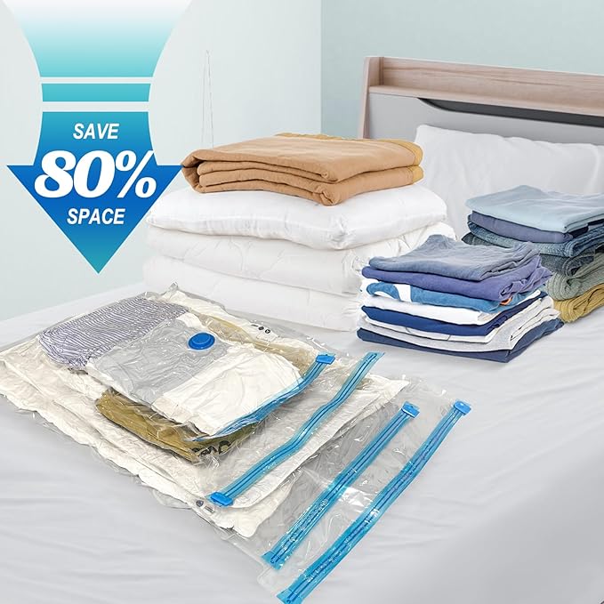 Vacuum Storage Bags with Hand Pump, Plastic Packaging Bags, 80% Space Saver Vacuum Seal Bags for Clothing, Travel Lugggage, Blankets, Comforters, 10 Medium