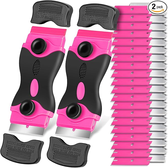 Razor Blade Scraper Tool Kit - 2Pack Razor Scrapers & 40Pcs Extra Blades, Plastic Paint Scraper Tool, Razor Scraper Tool for Glass Top Stove, Scrappers for Cleaning Window, Cooktop, Oven, Floor
