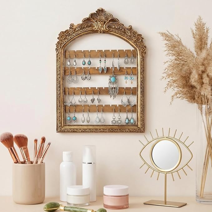 1 Pcs Wall Hanging Earring holder Organizers Vintage Arched Frame 4 Layer Wall Mounted Jewelry Holder Decorative Retro Baroque Stud Earring Display Gift (Gold,10 x 6.9'')