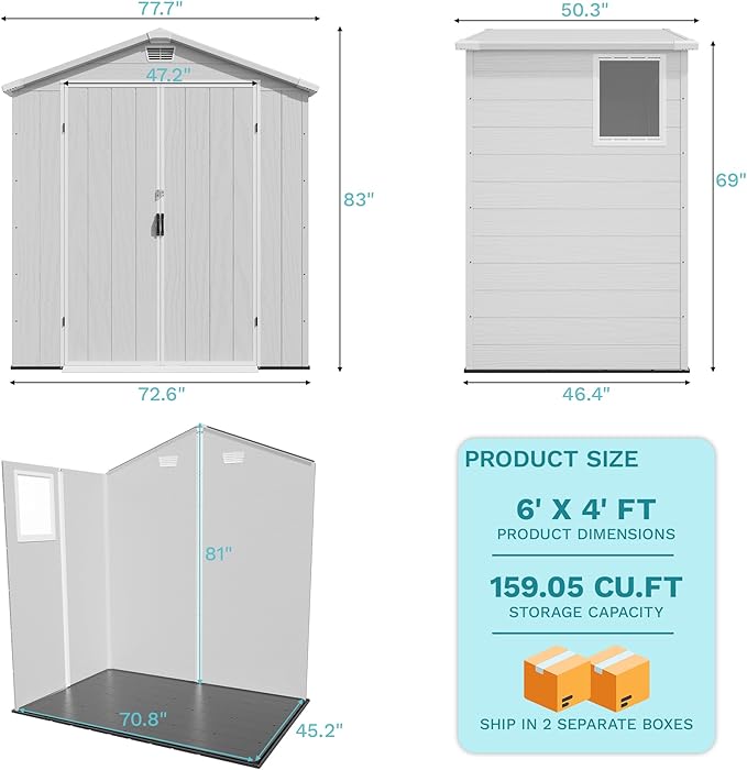 Devoko 6x4 FT Plastic Storage Shed, Outdoor Resin Garden Shed with Floor, Waterproof Tool Storage Shed with Lockable Door and Window for Patio, Garden, Backyard, Light Gray