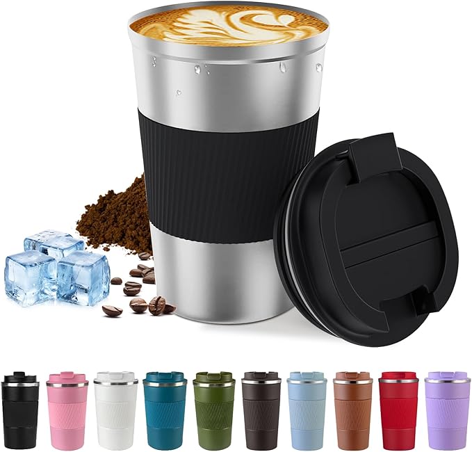Vacuum-Insulated Stainless Steel Travel Coffee Mug, Leak-Proof Reusable Coffee Cup with Lid -Keep Hot & Cold Drinks for Hours, Durable Insulated Tumbler for Men & Women(3rd-Silver black, 17OZ)
