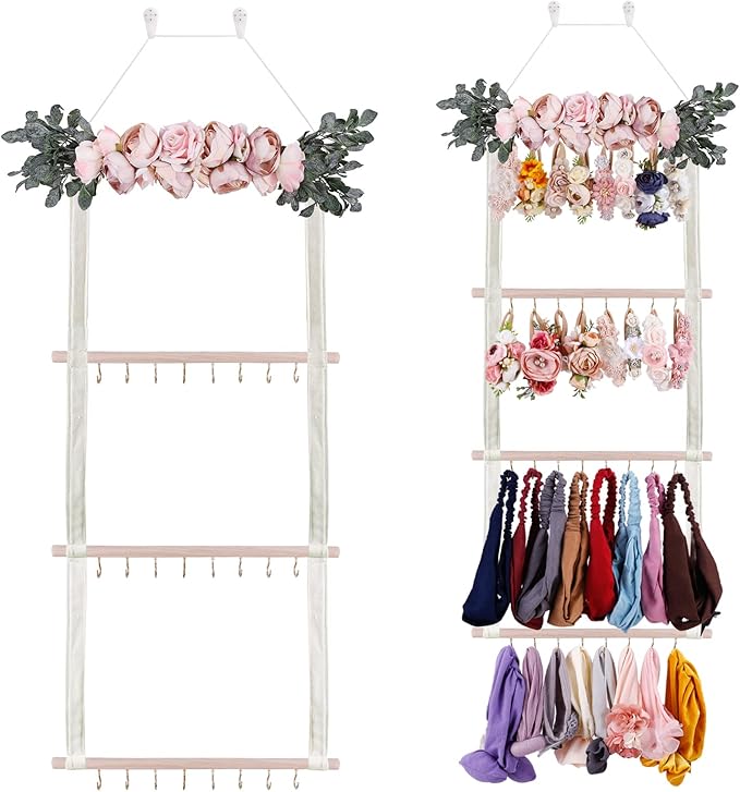 Hair Bows Holder Headband Organizer for Girls,Baby Hair Accessories Organizer Hair Clips Hanger Storage with Hooks, Wall Hanging Decor for Nursery Room