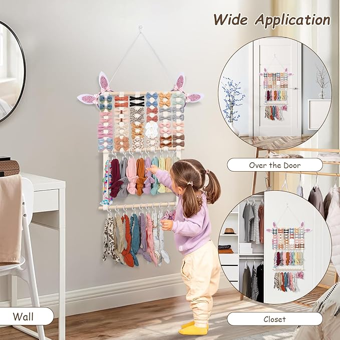 Bow Holder Organizer for Girls Hair Bows, 30x15in Large Headband Holder w/ 8 Ribbons & 20 Plastic Hooks, Wall Hanging Jewerly Clip Hair Accessories Organizer Storage for Baby Toddler(Beige)