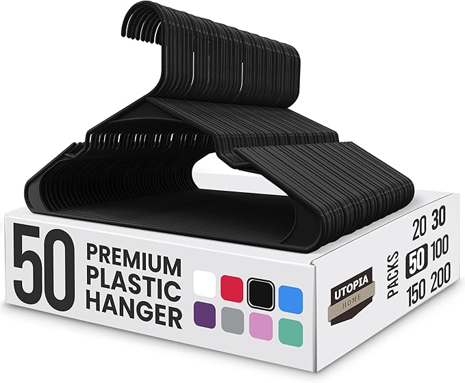 Utopia Home Plastic Hangers 50 Pack - Perfect Space Saving Clothes Hanger - Durable and Strong - Perfect Closet Organizers with Shoulder Grooves (Black)