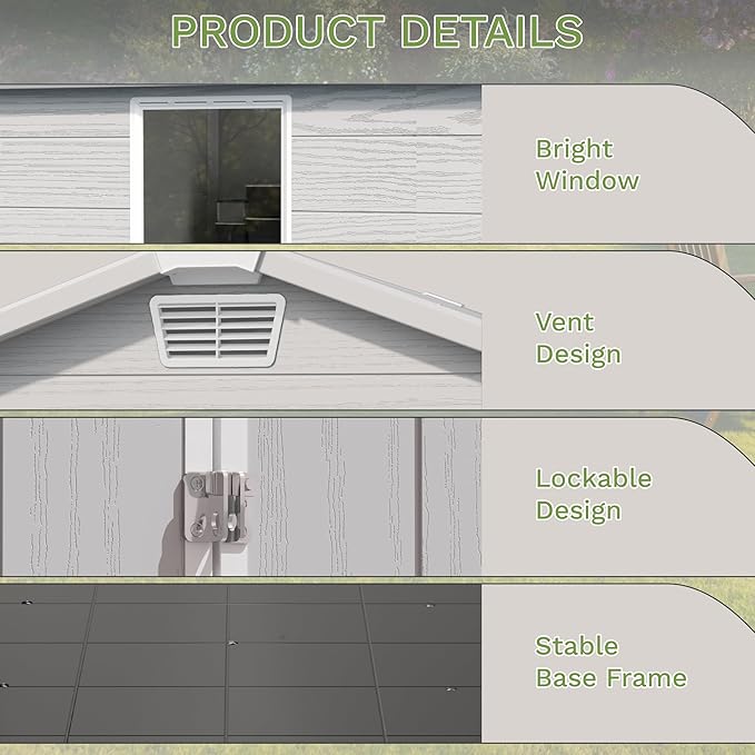Greesum 6x4FT Plastic Outdoor Storage Shed with Floor, Resin Sheds with Lockable Double Door, Tool Sheds with Window and Vents, for Garden, Backyard, Patio, Light Gray