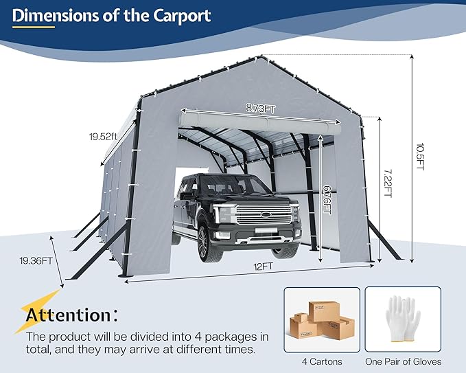 Jocisland 12x20x10.5 FT Heavy Duty Metal Carport, All-Weather Car Canopy with Waterproof Removable Sidewalls, Galvanized Steel Roof & Reinforced Base, Car Shelter for Cars, Boats, Trucks
