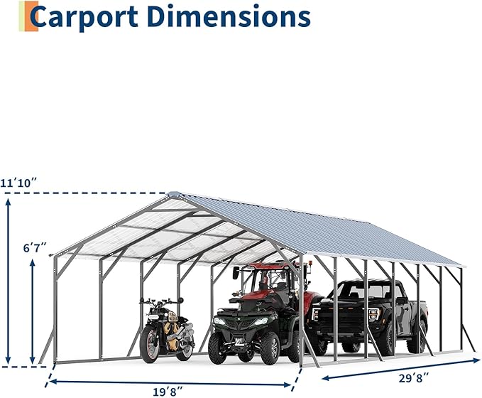 GarveeLife 20'x30'x12' Metal Carport for Multiple Vehicles, Heavy Duty Car Ports, Vertical Roof Design, All-Weather Use, for Full-Size Pickup Trucks, Boats, and Tractors