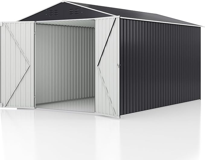8x12 FT Outdoor Storage Shed, Garden Shed with Updated Frame Structure and Lockable Doors, Metal Tool Sheds for Backyard Garden Patio Lawn, Grey
