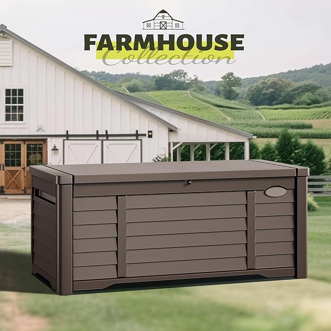 YITAHOME 150 Gallon Large Outdoor Storage Deck Box, Waterproof Cushion Storage Bench with Lockable Lid for Patio, Pool Supplies, Garden Tools, Resin, Dark Brown