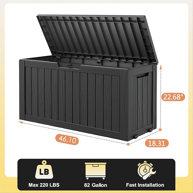 82 Gallon Outdoor Storage Box, Resin Deck Boxes Outdoor Waterproof For Patio Furniture, Garden Tools, Pool Supplies, Lockable And UV Resistant (Striped Black)