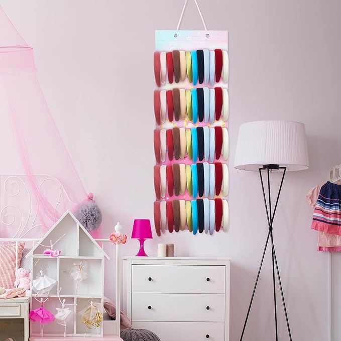 Tudomro Hanging Headband Holder for Girls Felt Hair Accessories Organizer with 60 Elastic Bands Bow Hanger Hair Bows Without Headbands(Unicorn,Pink)