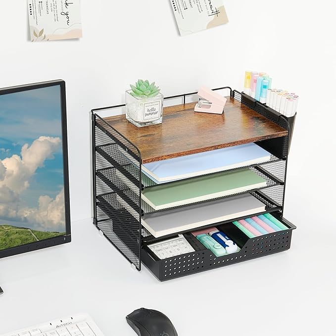 Desk Organizers and Accessories, 5-Tier Paper Letter Tray Organizer with Drawer & 2 Pen Holders, Desktop Organizer for Office Supplies (Wood)