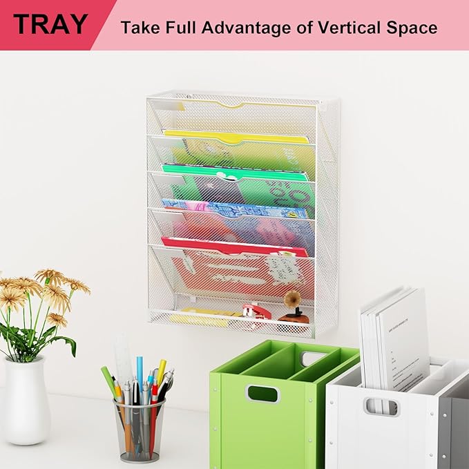 Hanging Wall File Organizer 6 Tier Wall Mounted File Holder Document Wall Organizer Magazine Organization for Office Home, Silver