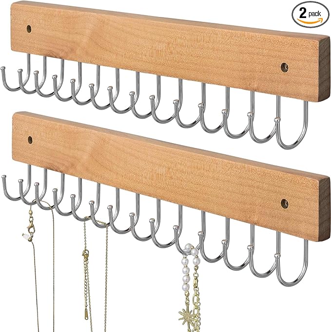 Wall Mounted Necklace Holder, Farmhouse Style Necklace Holder, Tangle Free Wall Jewelry Organizer with 28 Hooks(2 Packs,Natural)