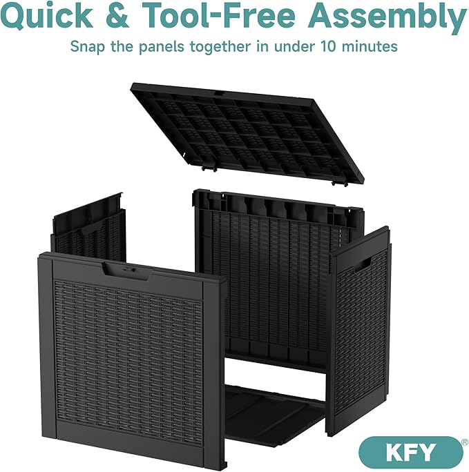 31 Gallon Waterproof Resin Deck Box, UV Resistant Outdoor Storage for Garden, Patio, Porch, Delivery（Rattan Black，31 Gallon）