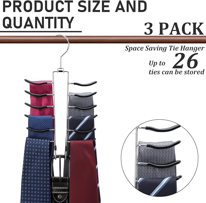 Kathfly 3 Pcs Swivel Tie with Belt Hanger Chrome Tie & Belt Hanger Organizer Black 360 Degree Swivel Space Saving Storage Holder with Non-Slip Sleeve for Men, 26 Hooks