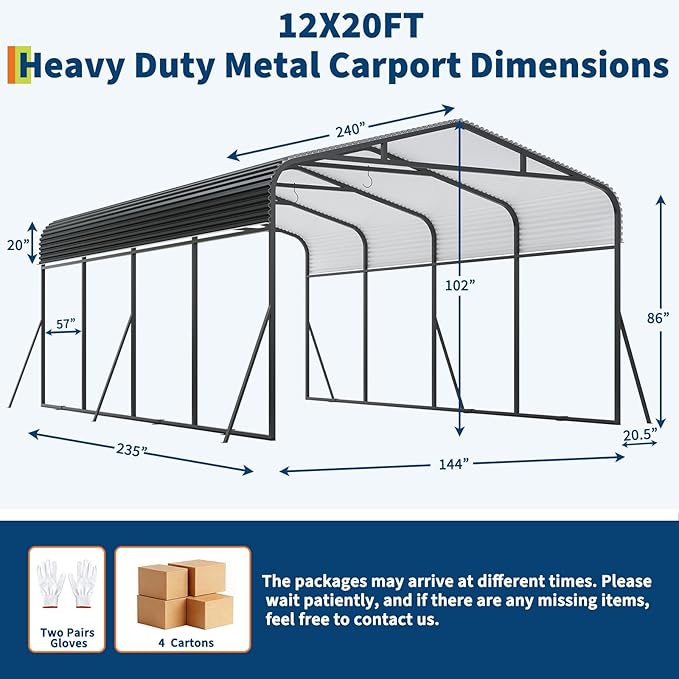 GAOMON Metal Carport, Carport with Reinforced Base and Galvanized Steel Roof, Heavy Duty Garage Car Shelter Shade, Outdoor Car Port Canopy for SUV, Truck, Boats, 12x20 FT