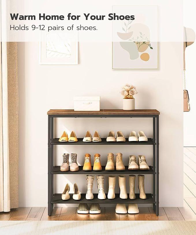 HOOBRO Shoe Rack, 4 Tier Shoe Storage Organizer with 3 Oxford Fabric Shelves and Top Panel, Holds 12-16 Pairs of Shoes for Entryway and Closet, Industrial, Rustic Brown BF47XJ01G1