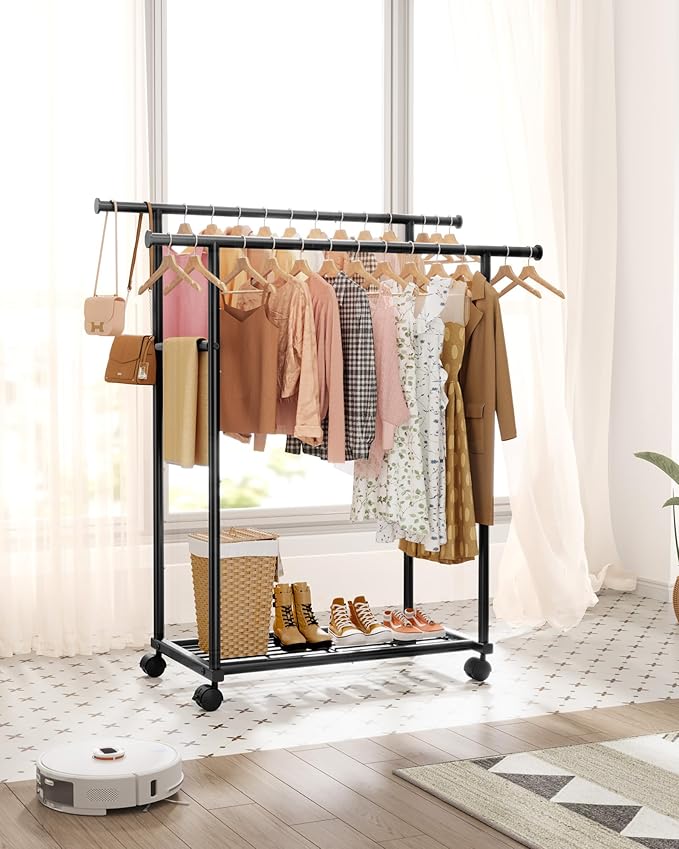 Metal Clothes Rack - Double Rod Clothing Rack with Fixed Extension Rod & Universal Wheels, Coat Rack with Built-In Shelf for Closet Organizers and Storage (38.5" x 16.9" x 59.0", Black)