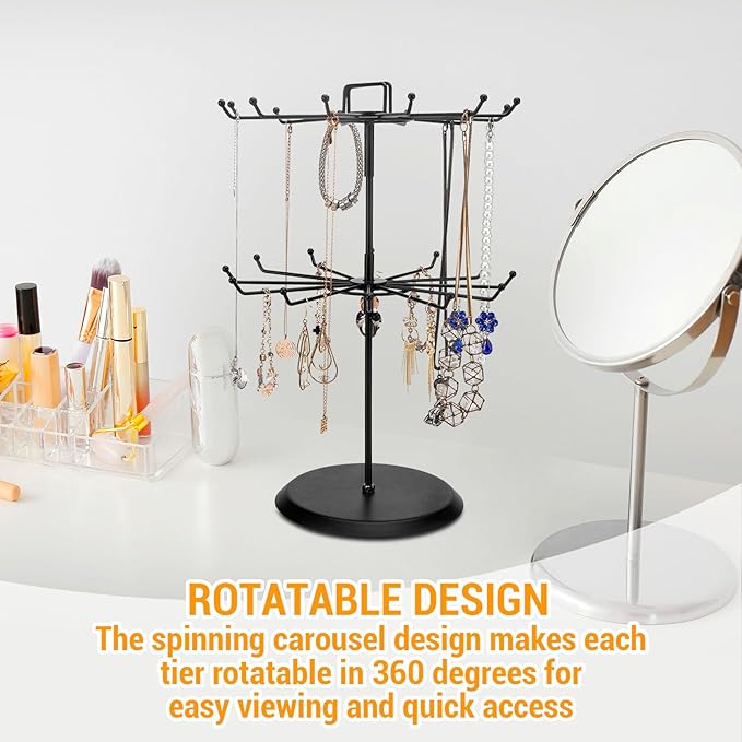 MyGift 2 Tier Black Metal Rotating Necklace tree stand for vendor & bracelet holder Jewelry Stand with 24 Hooks, Multipurpose Accessory and Keychain Spinning Display with Top Handle Card organizer