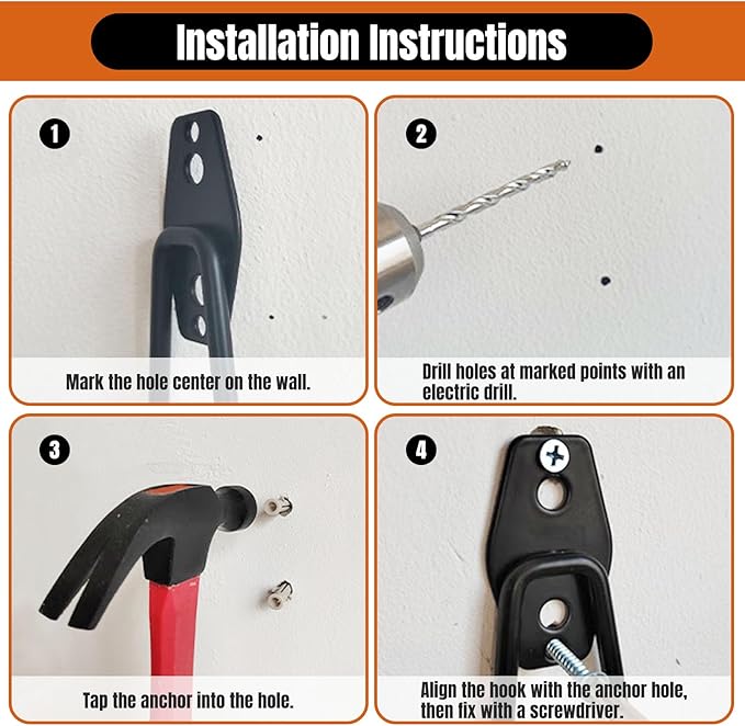 12 Pack Garage Hooks, 2 Extension Cord Storage Straps, Steel Utility Wall Mount Storage Organizer with Anti-Slip Coating for Hanging Ladders, Bikes, Garden Tools, Hose
