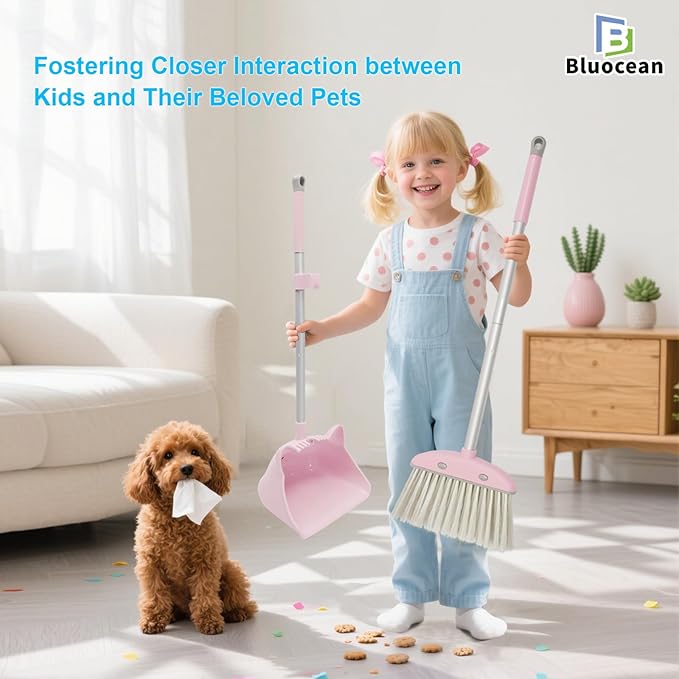 28'' Kids Mini Broom and Dustpan Set - Toddler Cleaning Toy, Toddler Household Helper, Parent-Child Interactive Play Cleaning Tool, Cute Cartoon Design, Small Safe Corner Broom (Pink Puff)