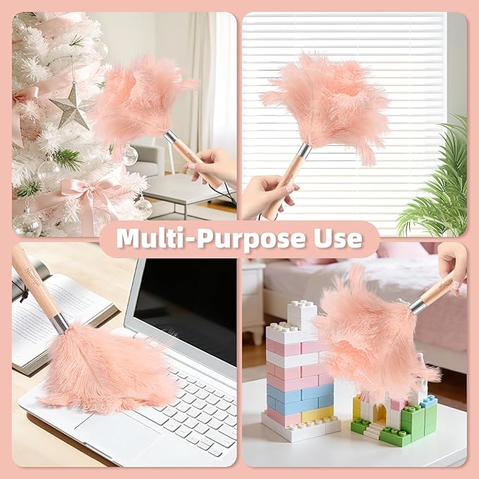 Pink Ostrich Feather Duster with Wooden Handle, 13.5 inch Natural Fluffy Cleaning Tool for Dusting Home, Car, Delicate Surfaces, Reusable Decorative Duster for Ledges, Blinds & Valentines Home Decor