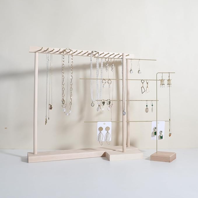 GemeShou Large necklace hanger shelf with 17 copper bars, Wooden jewelry storage organizer rack for hanger necklace bracelet, necklace display stand for boutique store【Marple】