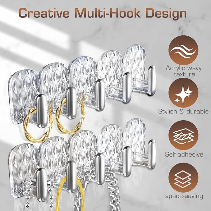 Gesodant 8 Pack Hanging Jewelry Organizer, Self-adhesive Jewelry Hooks, Clear Wall Mounted Jewelry Hanger, Necklace Display Holder, 40 Hooks in Total