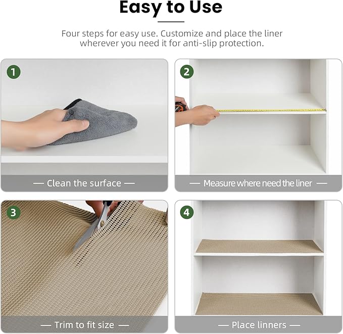 BAGAIL Drawer and Shelf Liner, 12 in X 10 Ft Non-Adhesive Shelf Liners for Kitchen Cabinets, Thick Strong Grip Liners for Desk, Shelves, Bathroom Drawers, Cabinet Protection - Beige