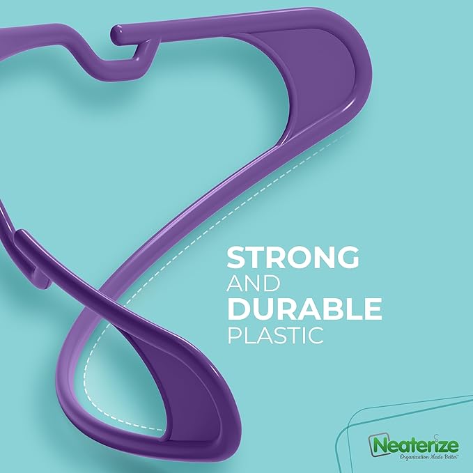 NEATERIZE Clothes Hangers Plastic 50 Pack For Adults - Plastic Hangers, The Perfect Coat Hanger and Space Saving Clothes Hangers for Closet, Percheros Ganchos para Colgar Ropa Hangars - Purple Hangers