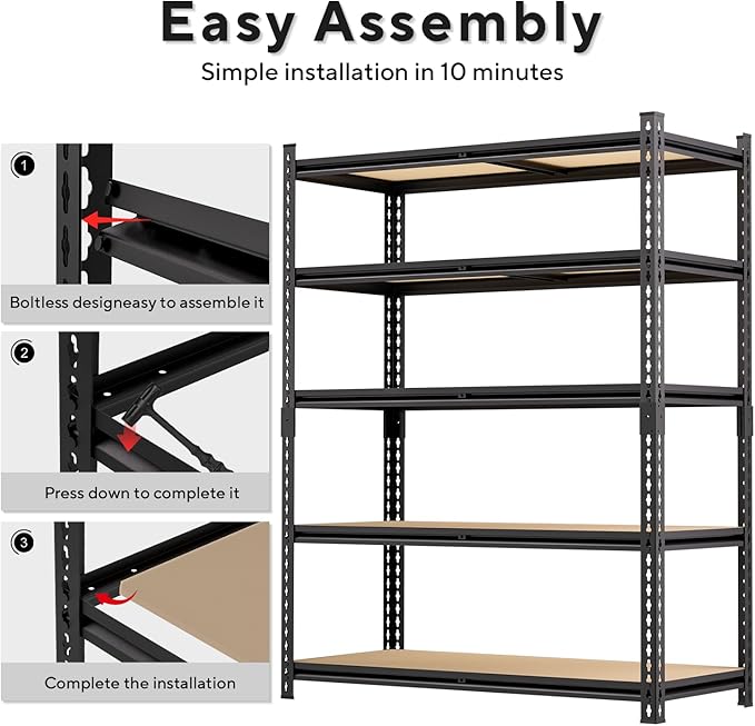 60" H x28 W x12 D: Father&I 5-Shelf-Storage-Rack Metal+Wood Garage/Kitchen Pantry Shelves Steel Utility Stand Shelving Unit Adjustable Heavy-Duty Shed Closet/Attic/Laundry Organizer, Black