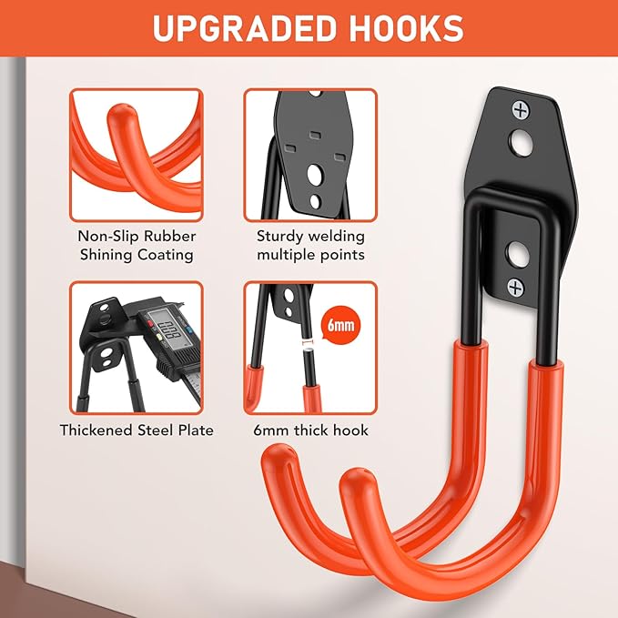 Garage Hooks Heavy Duty, Rust-Resistant Solid Steel Wall Mount Hangers for Hanging Ladders & Bikes, Non-Slip PVC Coating Tool Organizer (4 Pack Orange 5.5x4.1 Inch)
