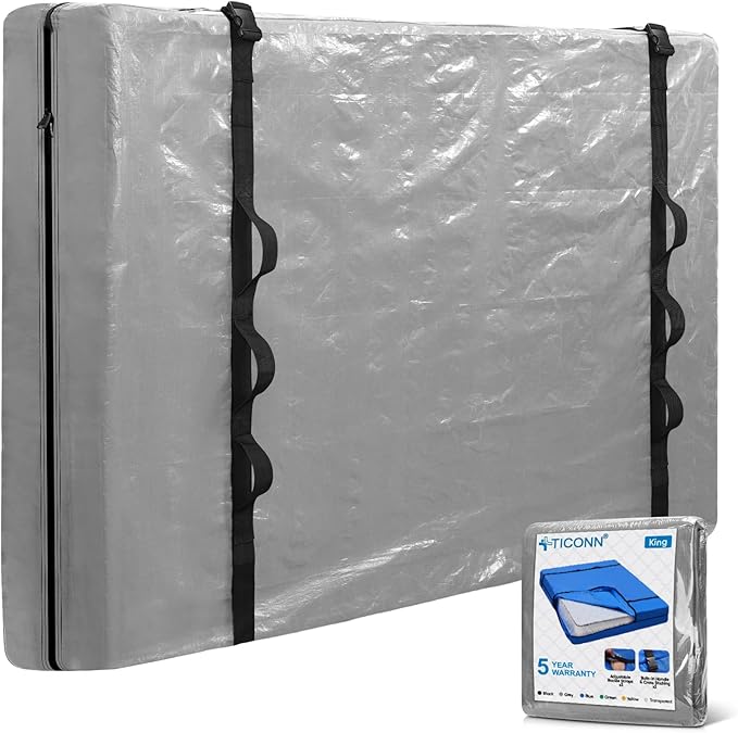 TICONN Mattress Bags for Moving, Heavy Duty King Mattress Cover Storage Bag with Full-Around Handle and Adjustable Buckles (Gray, King)