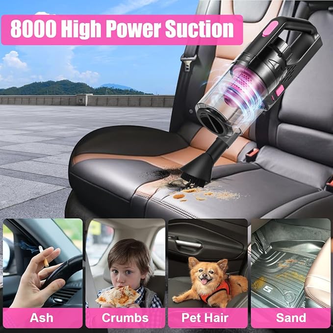 Viewsun Car Vacuum Cordless Rechargeable, 8000PA High Power Handheld Vacuum Cleaner with 17PCS Car Cleaning Kit, Pink Auto Accessories for Women Gift