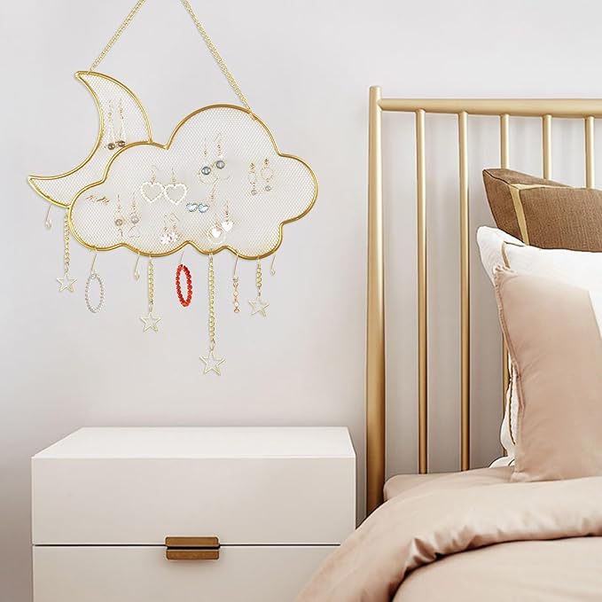WCHOSOZH Hanging Earring Holder Organizer, Metal Wall Mounted Jewelry Holder with 6PCS Hanging Hooks, Moon Cloud Shape Necklace Display Rack and Storage for Earrings Necklace Bracelet (Gold)