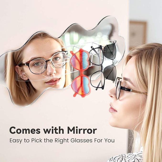 Daily Treasures Multi-functional Mirror Sunglasses Storage,Creative Wave Shaped Eye Glasses Rack Organizer,Clear Acrylic Glasses Organizer for Home Office Bathroom Bedroom Wall-Mounted