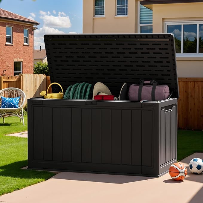 Patiowell 150 Gallon Large Outdoor Storage Box, Waterproof Deck Box with Fixed Divider, Lockable and Durable Patio Storage Solution for Patio Furniture and Garden Tools (Black)