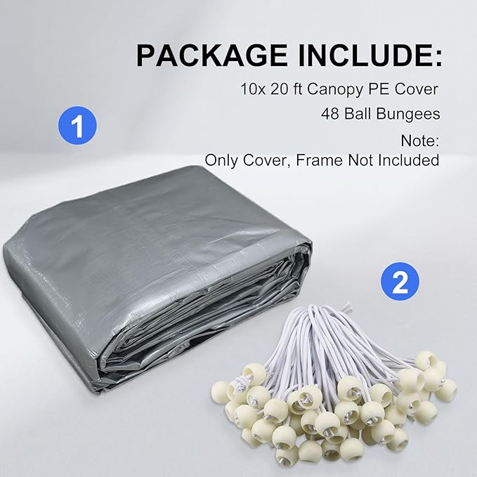 10' x 20' Canopy Replacement Cover for Carport, 220G Heavy Duty Replacement Top Cover for Car Garage, Waterproof & UV Protected Tarp with 48 Ball Bungees (Only Cover, Frame Not Included), Grey