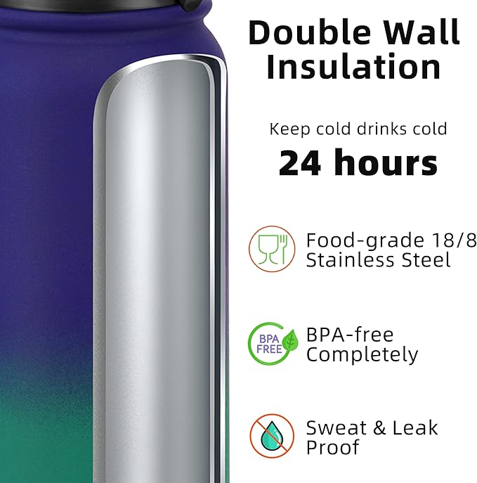 Fanhaw 32 Oz Insulated Stainless Steel Vacuum Water Bottle with Anti-Dust Pop-Open Lid - For Kids, Women, Men | Leak & Sweat Proof (Purple Green)