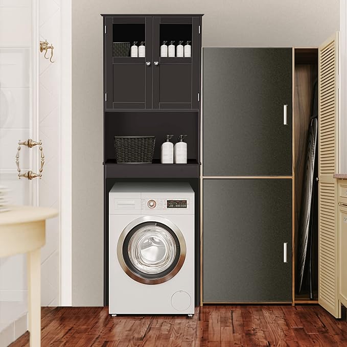 Bonnlo Over The Toilet Storage Cabinet Bathroom Behind Toilet Shelf Towel Storage Freestanding Organizer Space Saver with Double Door Glass Window Cabinet Tower with Adjustable Shelf (Brown)