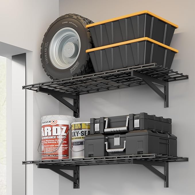 2 Pack Heavy Duty Garage Wall Shelving Set (1.5x4ft), Wall Mounted Garage Shelves 700lbs Capacity, 18"x48" Shelf Storage Rack Floating Shelves, Black