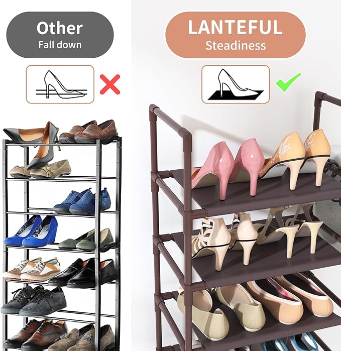 10 Tiers Tall Shoe Rack 20-25 Pairs Boots Organizer Storage Sturdy Narrow Shoe Shelf for Entryway, Closets with Hooks, Brown