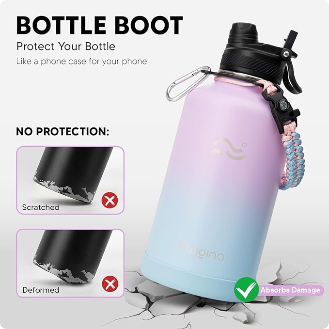 [2-IN-1 LID] 64 oz Insulated Water Bottle with Silicone Boot (48hrs Cold/24hrs Hot) - DIY Stickers, Leakproof, BPA Free, Half Gallon