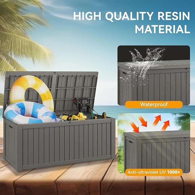 220 Gallon Outdoor Storage Box, Resin Deck Boxes Outdoor Waterproof For Patio Furniture, Garden Tools, Pool Supplies, Lockable And UV Resistant (Striped Gray)