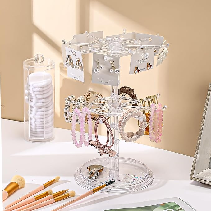 2 Pack Keychain Display Stand Rotating Jewelry 2 Tier Necklace Holder Plastic Spinning Bracelet Hanging Organizer Rotating Rack Earring Bracelet Stands for Vendors Malls Counter Dressing Table