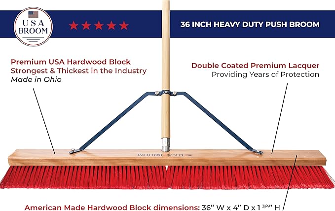 1-Pack - 36" Everyday Sweep Indoor/Outdoor Push Broom with 60" Handle. Ideal for Garages & Shops. Durable American Made Steel Brackets-All Stainless Steel Hardware. No Plastic. 100% USA Made
